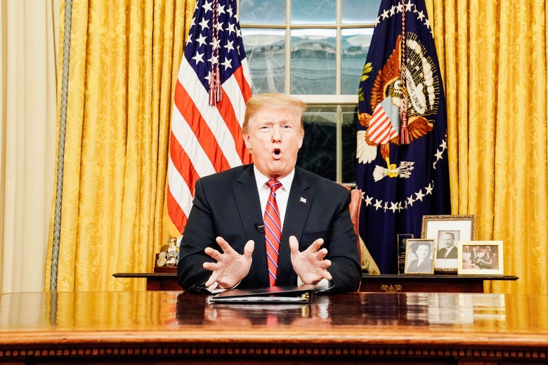 Donald Trump is captured mid-phrase, fingertips spread out and mouth open, during his prime-time address on Jan. 8.